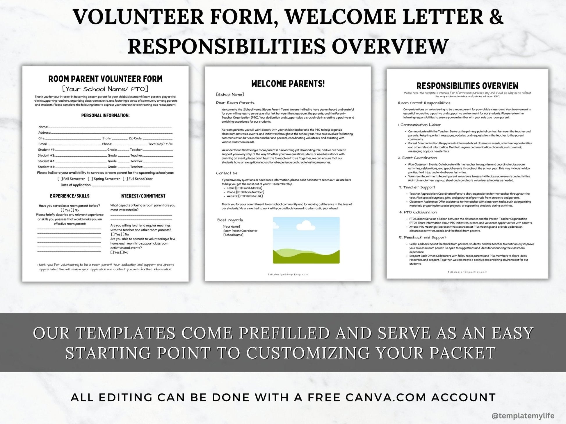 photos of room parent volunteer form, welcome letter template and responsibilities overview template that is included in this PTO PTA Room parent welcome packet