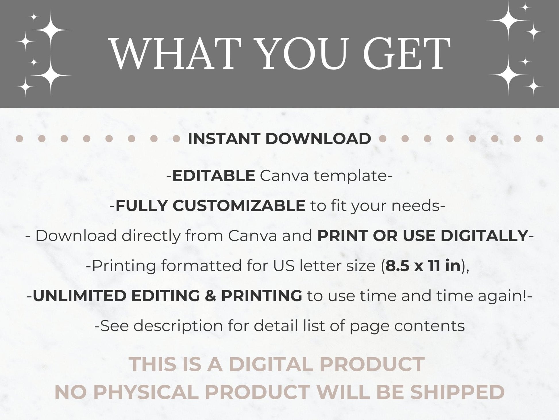 Information stating that this room parent welcome packet is an editable canva template in size US Letter size (8.5 x 11 inch) that can be used both printed or digitally with unlimited editing and printing