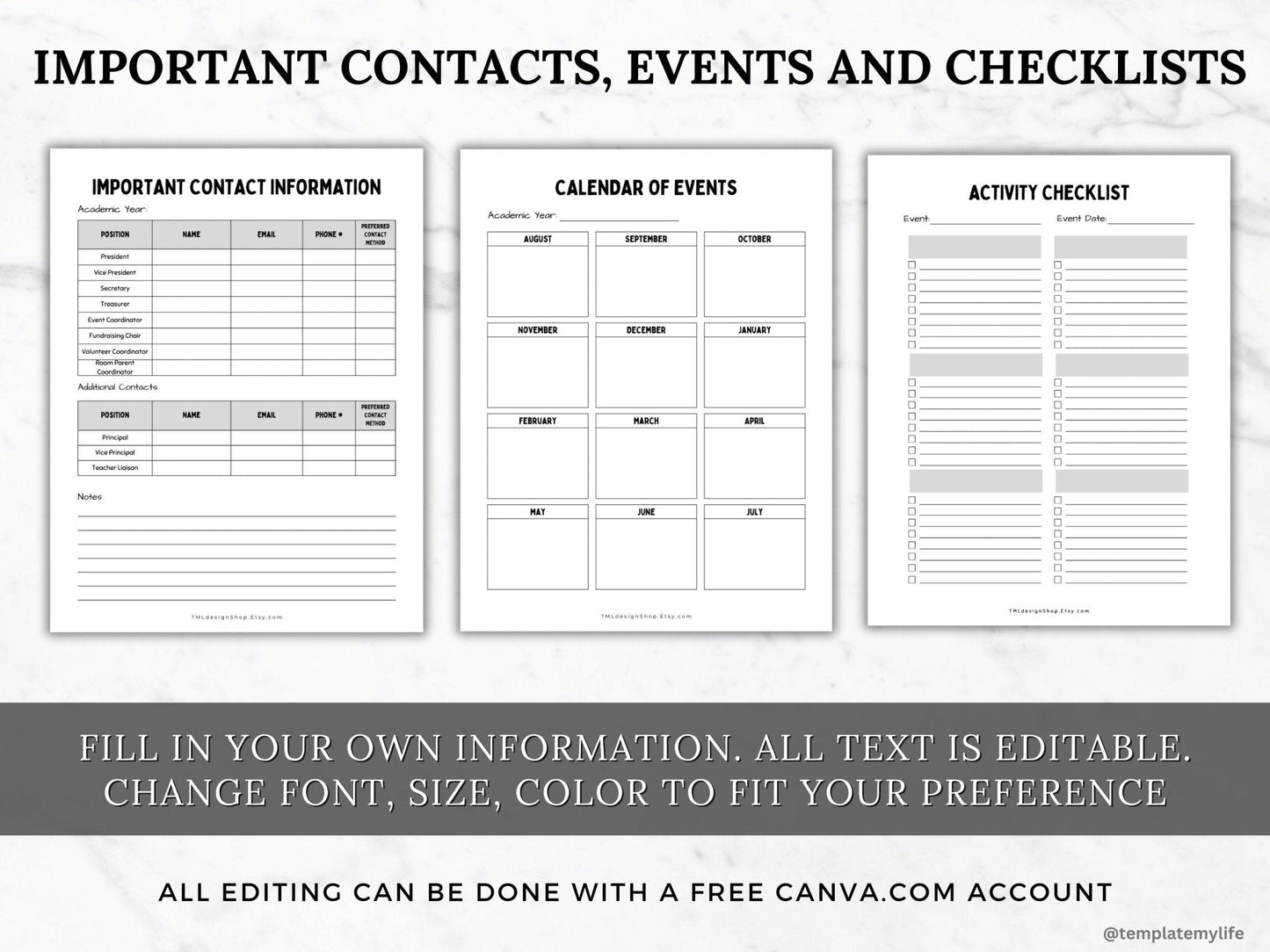 photos of important contacts, events and checklist templates included in this PTO PTA Classroom parent welcome packet