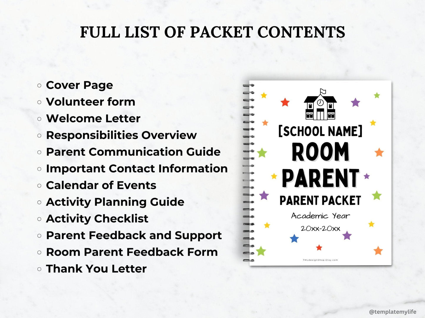 Full List of Room parent welcome Packet Contents: cover page, volunteer form, welcome letter, responsibilities overview, parent communication guide, important contact information, calendar of events, activity planning guide, activity checklist, parent feedback and support information, room parent feedback form and thank you letter templates