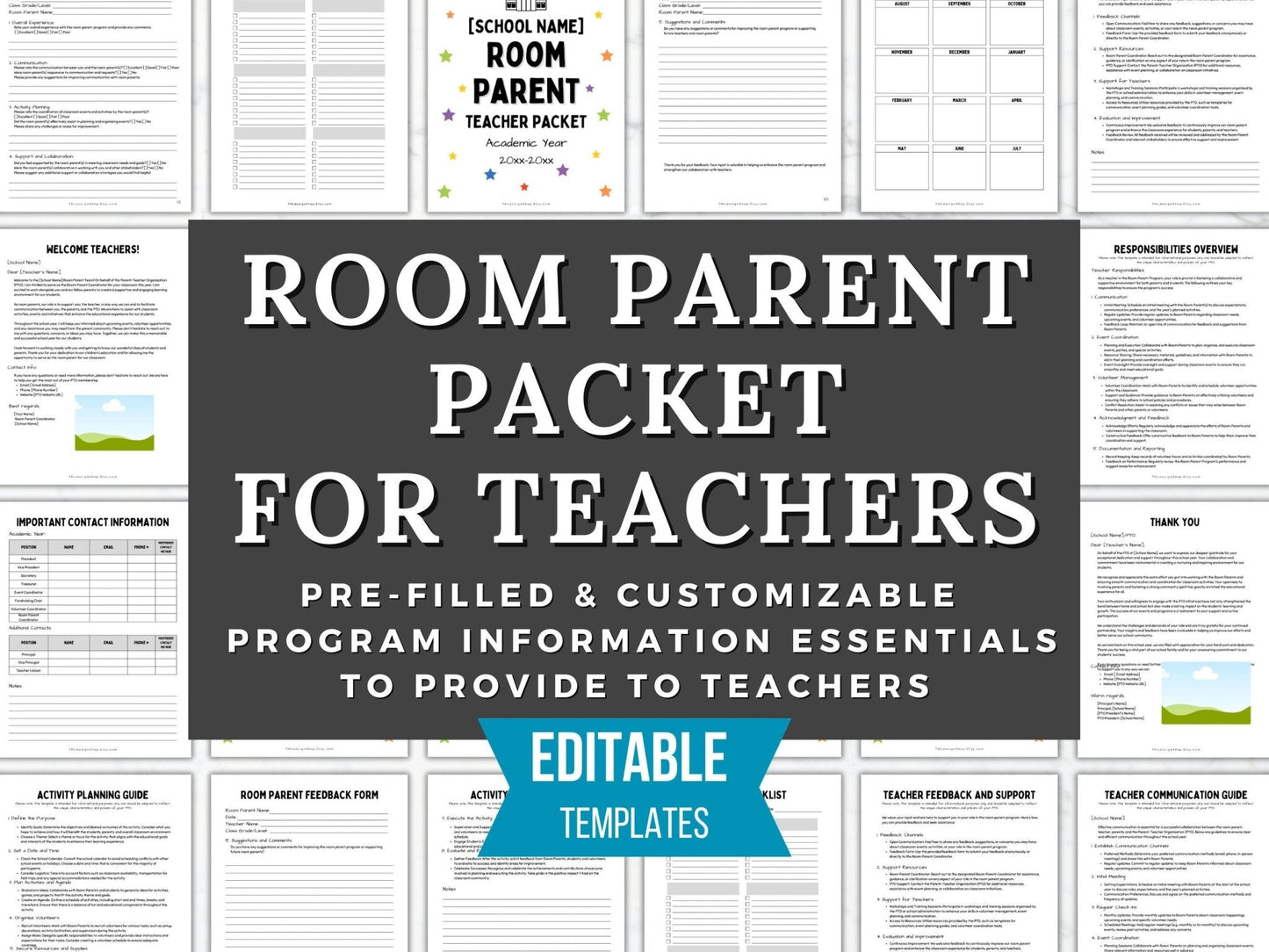 Cover photo for room parent packet for teachers for PTO and PTA with pre-filled and customizable program information essentials to provide to teachers