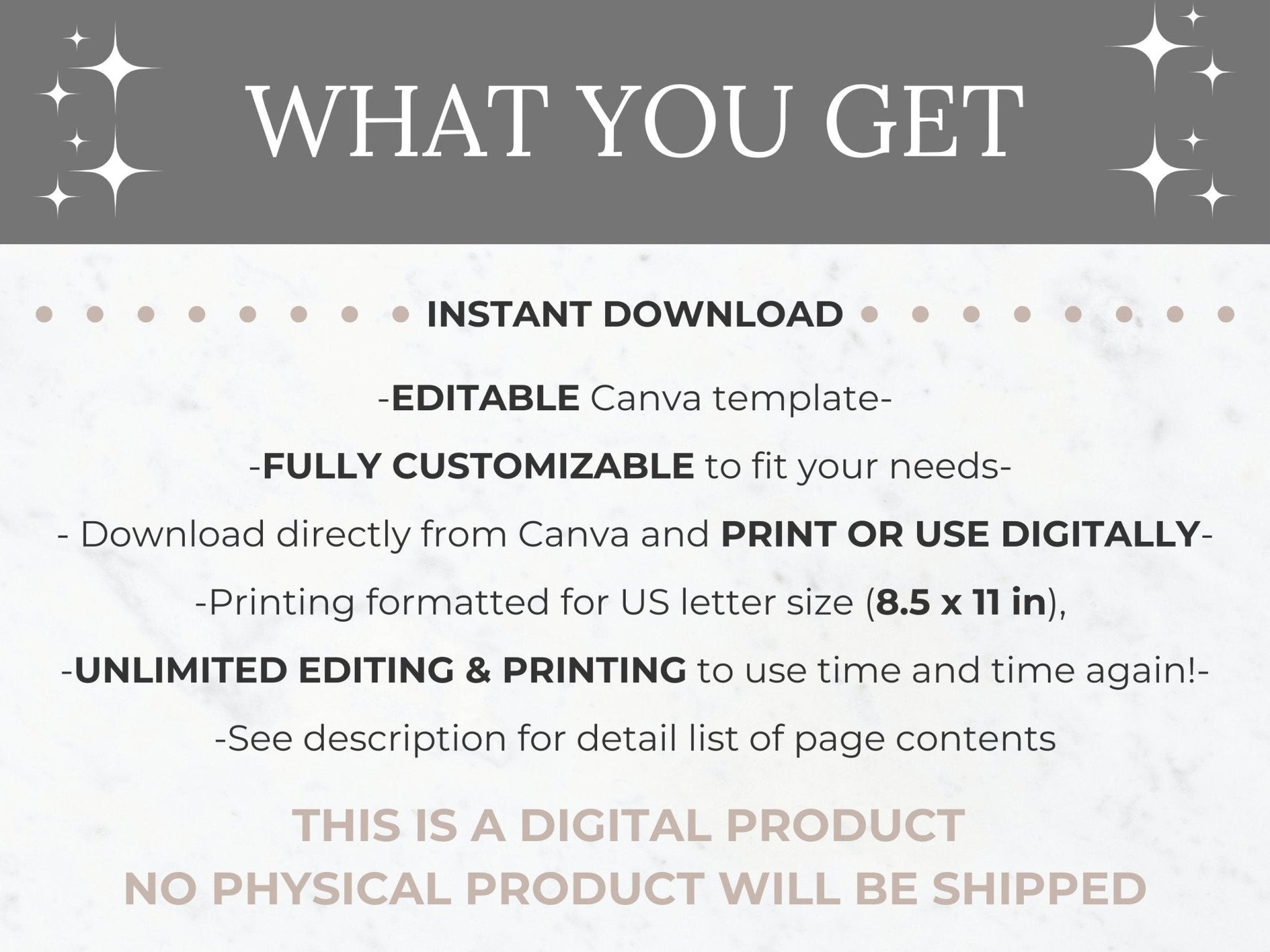 List of what you get with purchase. An editable canva template in US Letter size to print or use digitally with unlimited editing and printing