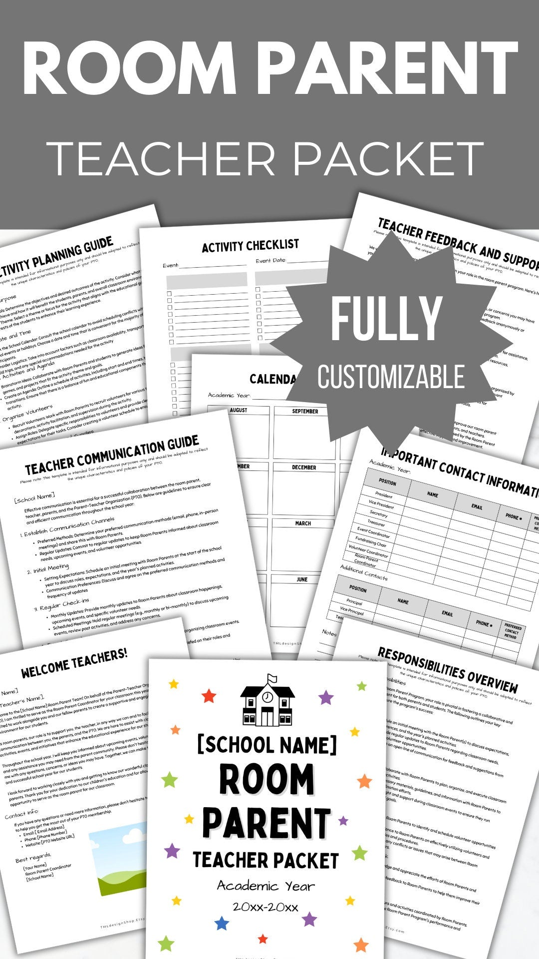 photo of pages of templates that are included in the room parent teacher packet which is fully customizable