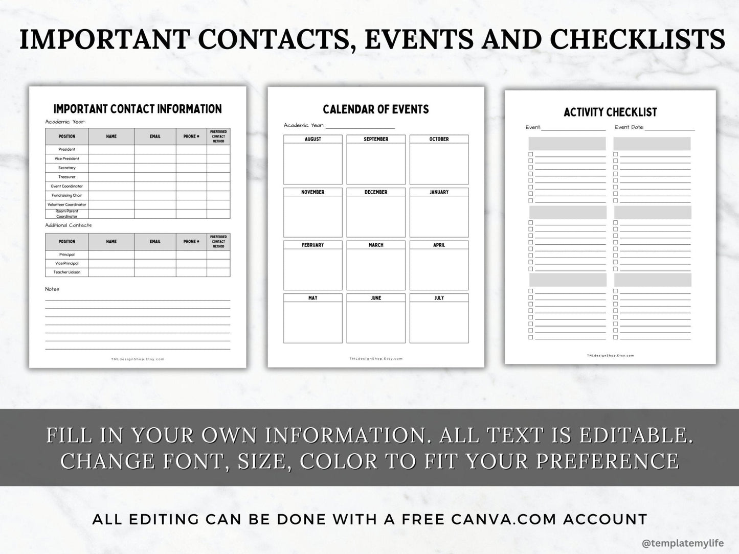 Important contact information, calendar of events and activity checklist included in this PTA/PTO Room Parent Program Welcome Packet for teachers