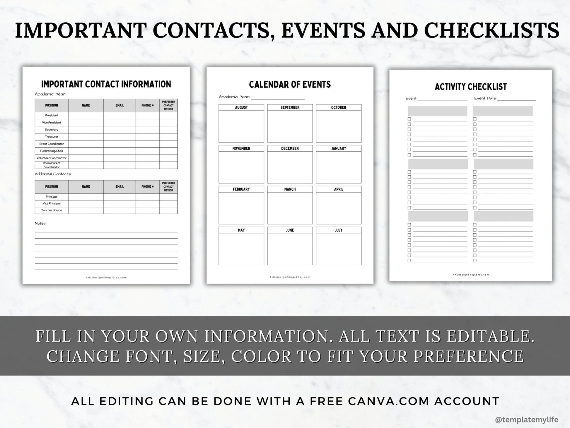 Important contact information, calendar of events and activity checklist included in this PTA/PTO Room Parent Program Welcome Packet for teachers