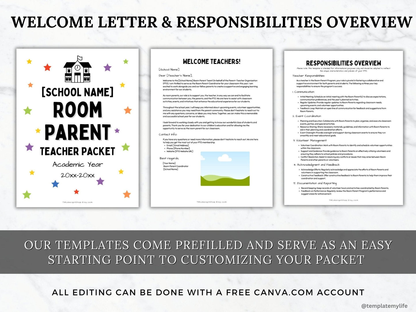 photos of Room Parent Teacher Packet cover page, welcome letter and responsibilities and overview templates