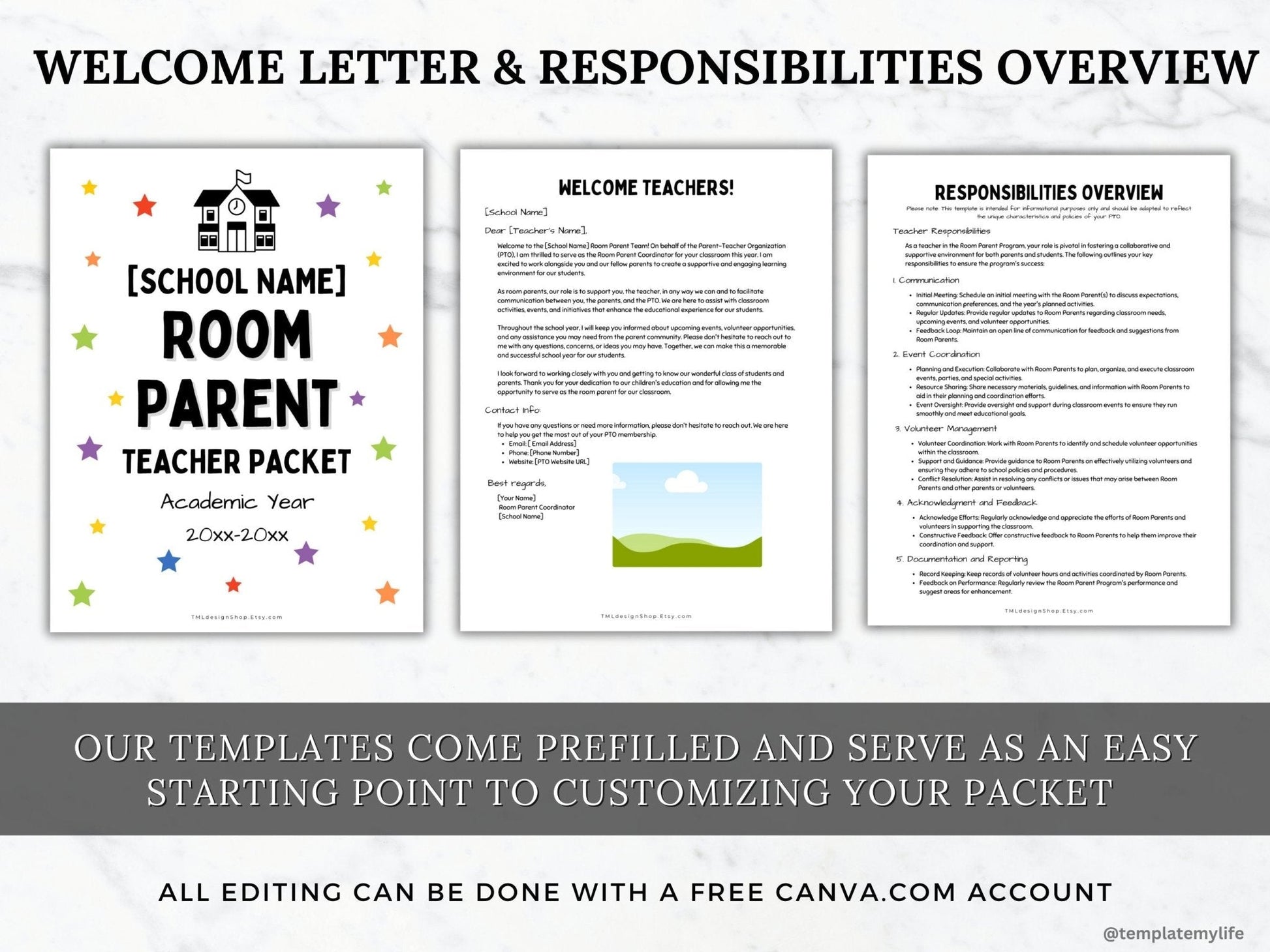 photos of Room Parent Teacher Packet cover page, welcome letter and responsibilities and overview templates