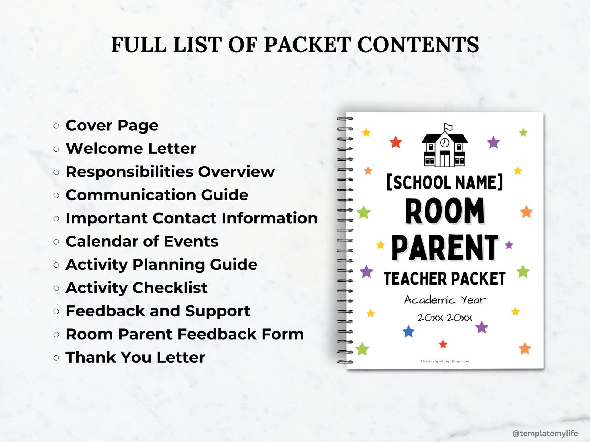 Full list of contents in this PTA/PTO Room parent program welcome packet fo teachers: cover page, welcome letter, responsibilities overview, communication guide, important contact information, calendar of events, activity planning guide, activity checklist, feedback and support form, thank you letter