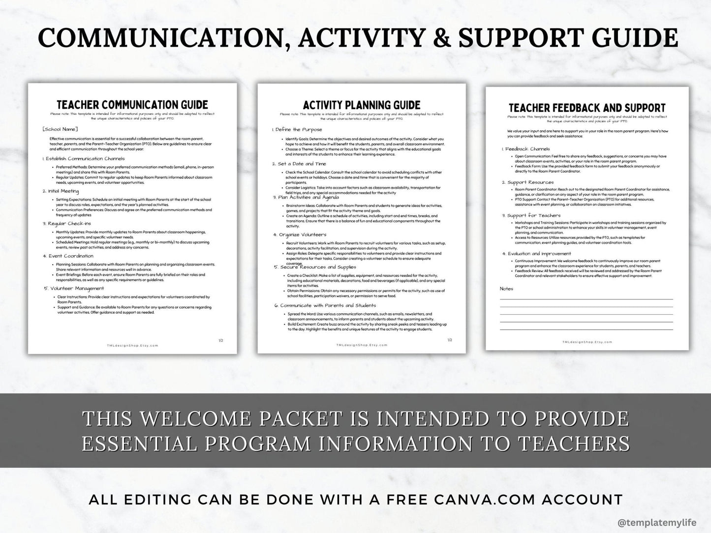 photos of editable teacher communication guide, activity planning guide, teacher feedback and support form that is included in the PTA and PTO Welcome packet for teachers of the room parent program