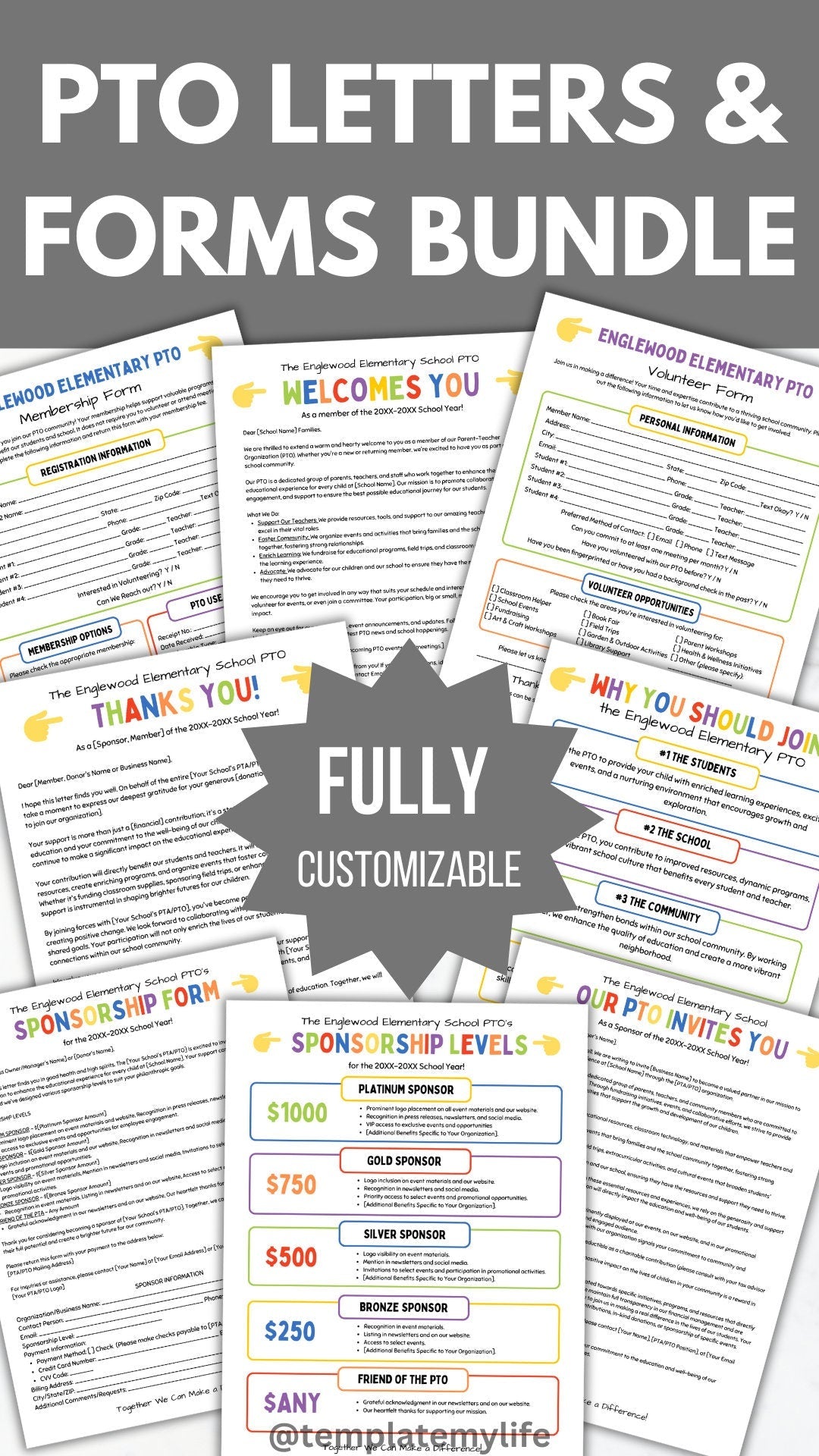 All 8 template shown available in the PTO PTA Letters and Forms Bundle: PTO PTA Sponsorship Levels Flyer, Sponsorship Form Letter, Business Donation request letter, Donation Sponsorship Thank you letter, Why Join the PTO flyer, Welcome to the PTO Letter, Membership form and Volunteer form sign up handouts fully customizable