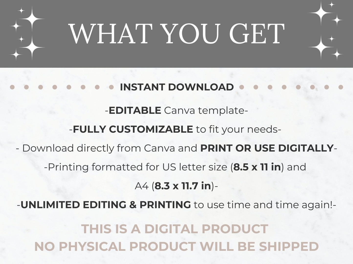 Listed what you get with purchase which includes fully customizable Canva Template in US Letter size and A4 size that can be printed or used digitally with unlimited editing and printing