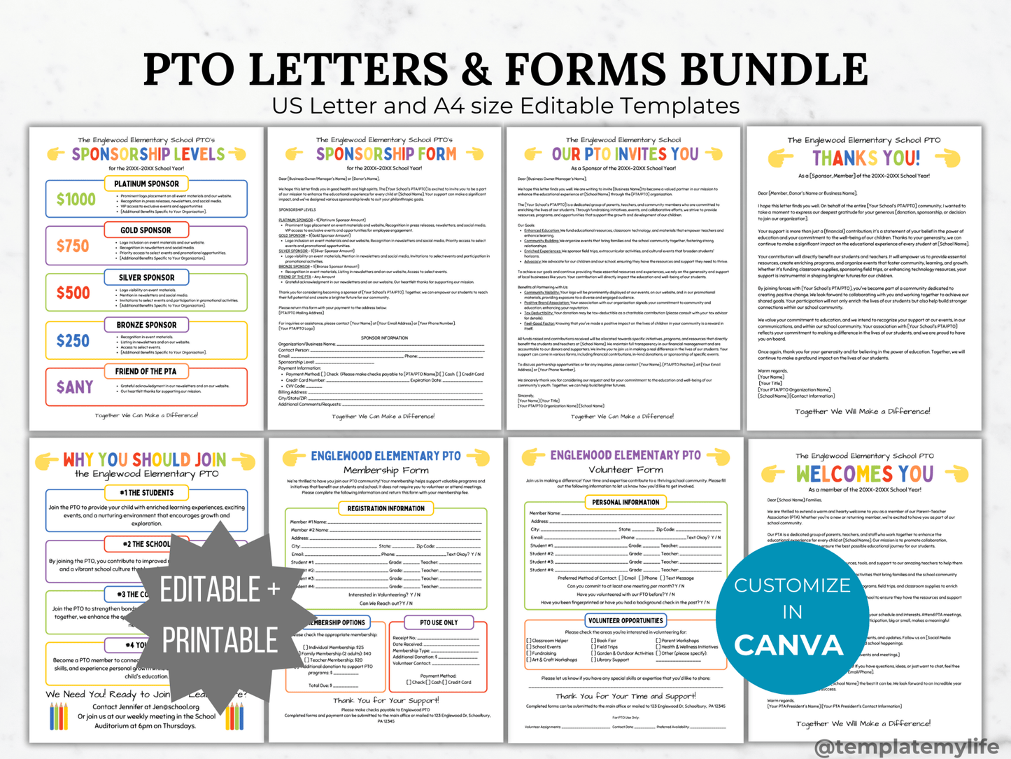 PTO/PTA Sponsorship, Member and Volunteer Letter and Forms Template Bundle