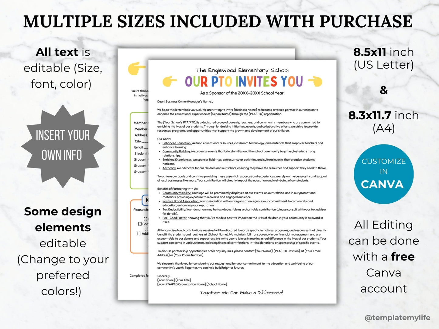 Photo showing PTO PTA letters and forms available in multiple sizes such as US Letter size (8.5 x 11 inch) and A4 size and completely customizable with a free canva account