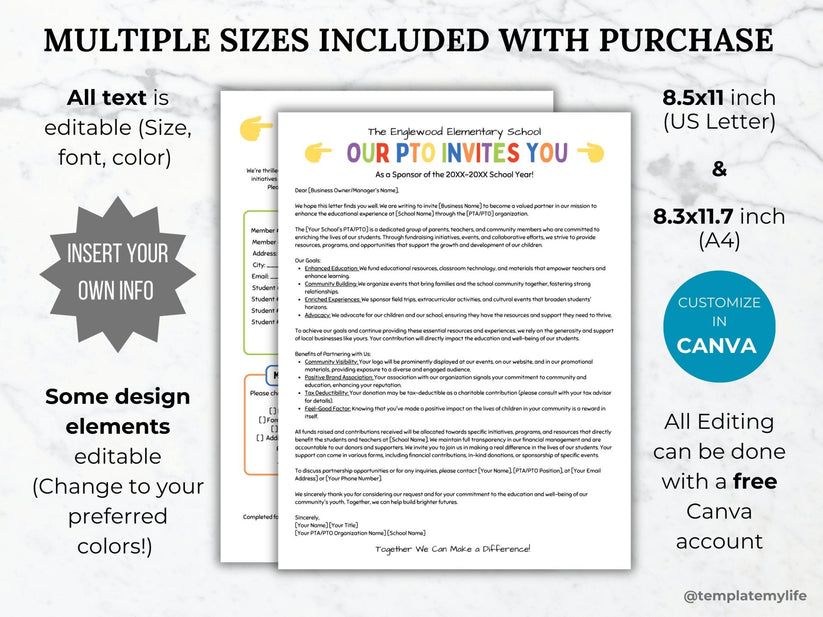PTO/PTA Sponsorship, Member & Volunteer Letters and Forms Template ...