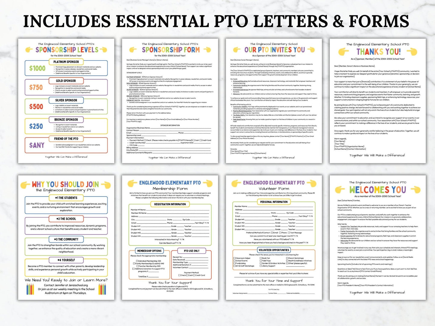 Shows all 8 templates included in the PTO PTA Bundle: PTO PTA Sponsorship Levels Flyer, Sponsorship Form Letter, Business Donation request letter, Donation Sponsorship Thank you letter, Why Join the PTO flyer, Welcome to the PTO Letter, Membership form and Volunteer form sign up handouts