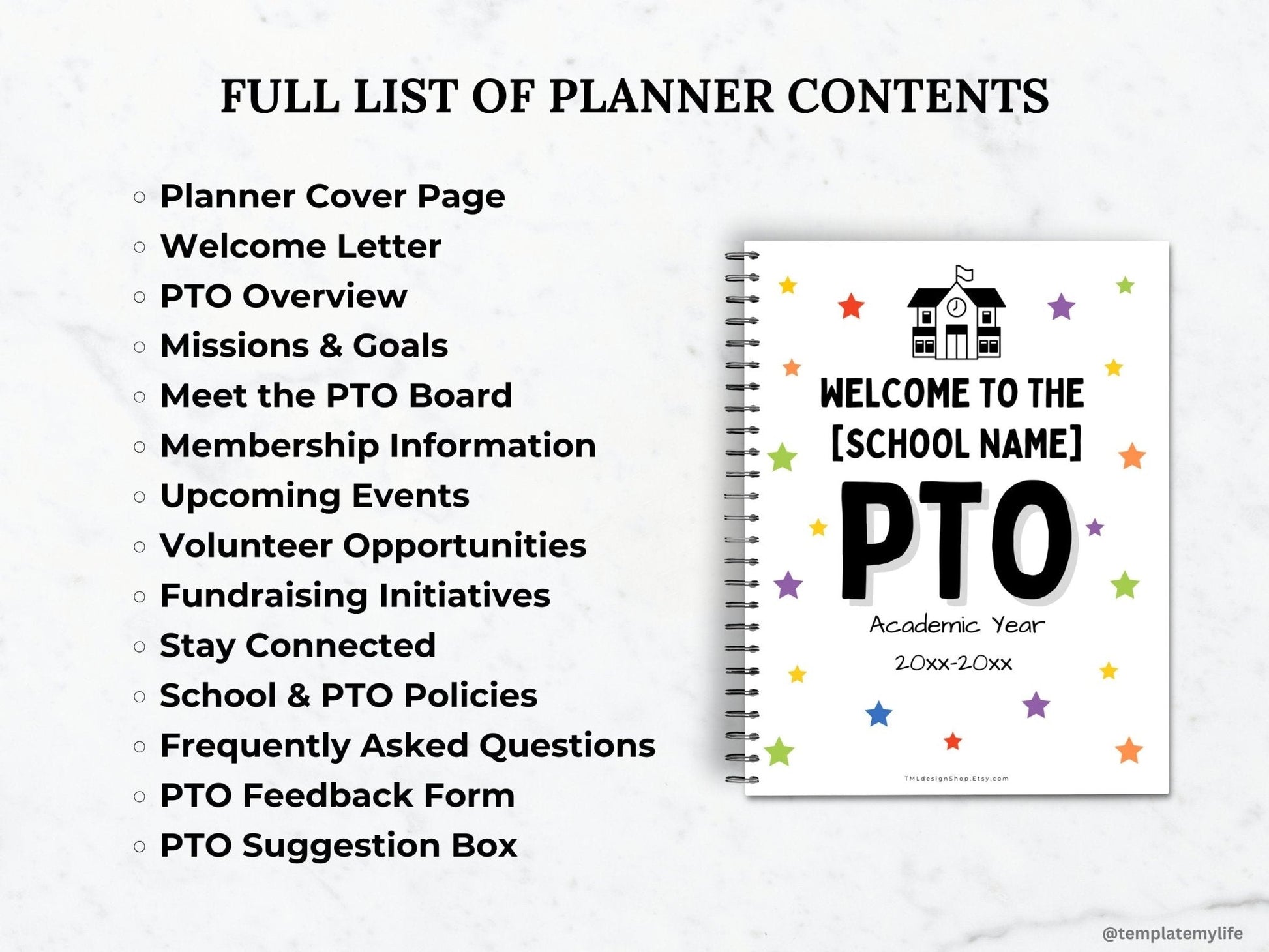 List of entire PTO/PTA Welcome Packet Contents