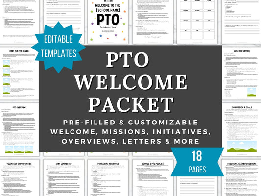 PTO/PTA Welcome packet title page showing that in comes with pre-filled and customizable canva template pages, PTO PTA welcome, missions, initiatives, overviews, letters and more for PTA and PTO