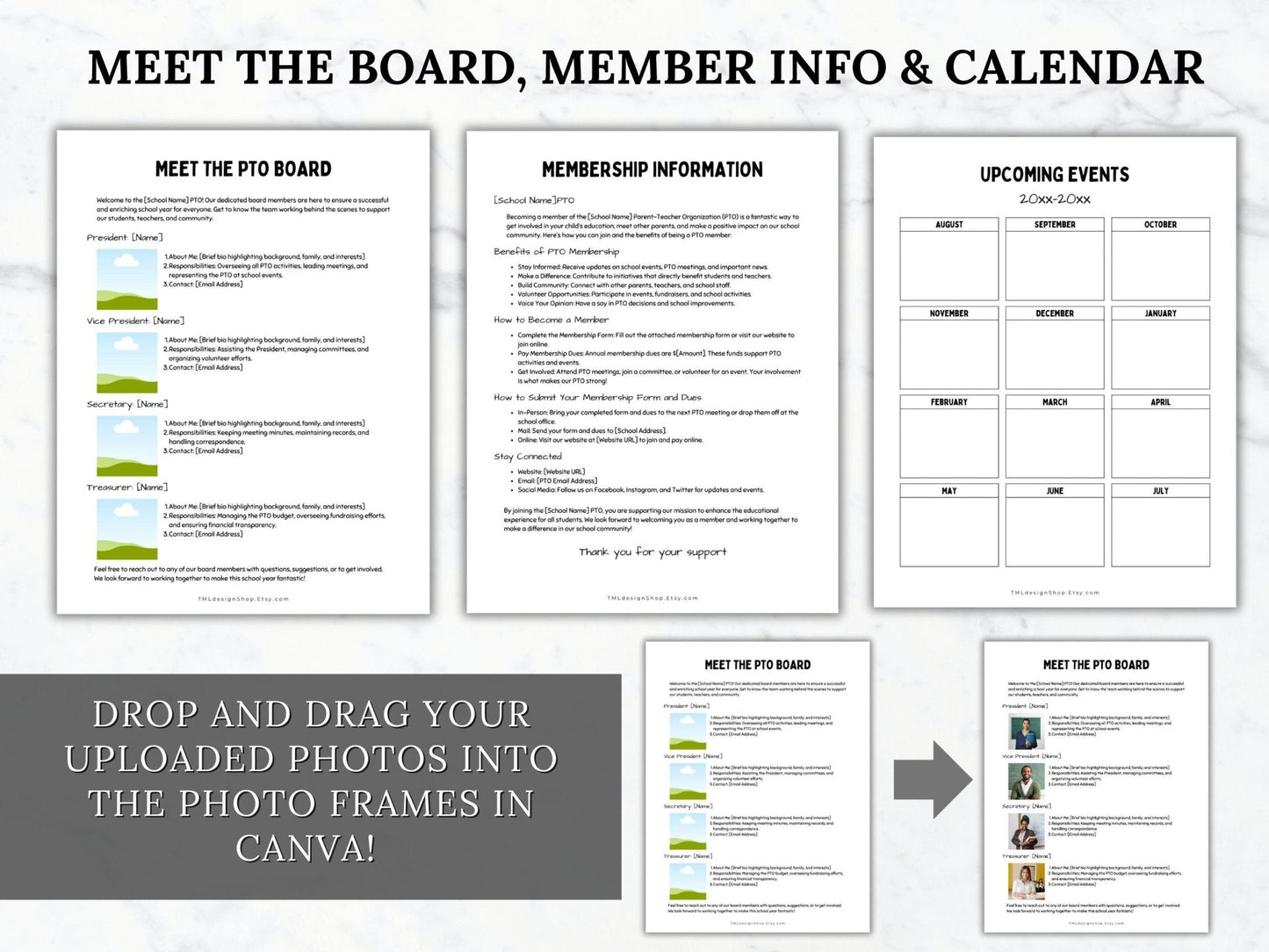 Meet the Board, membership information, and upcoming events templates. Photos within templates are drag and drop within canva.