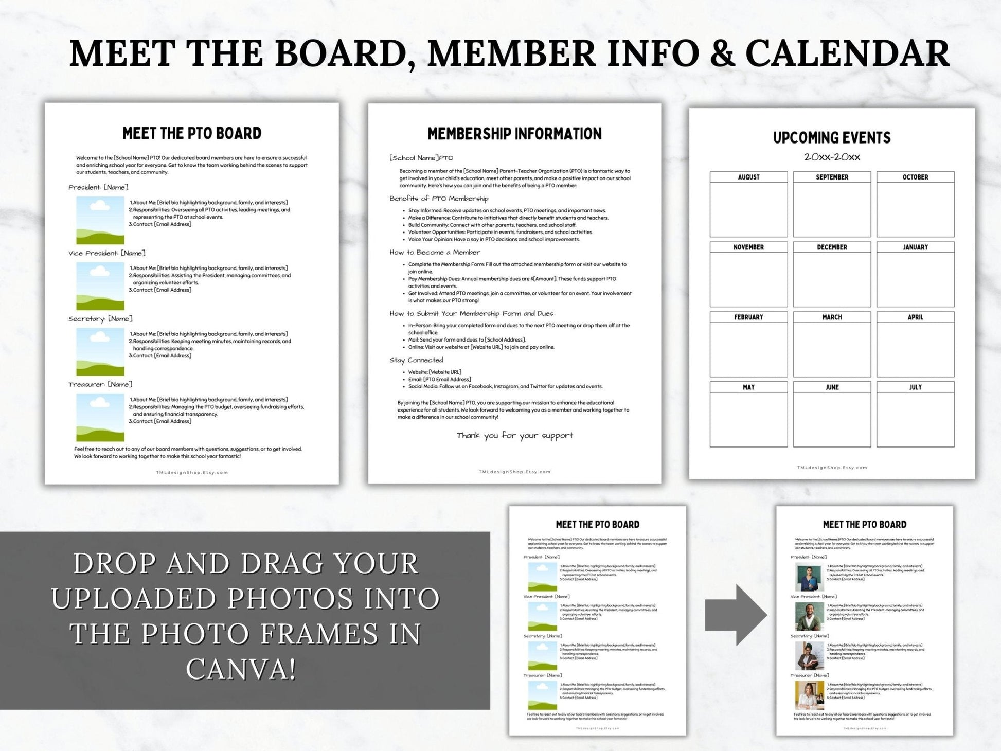 Meet the Board, membership information, and upcoming events templates. Photos within templates are drag and drop within canva.