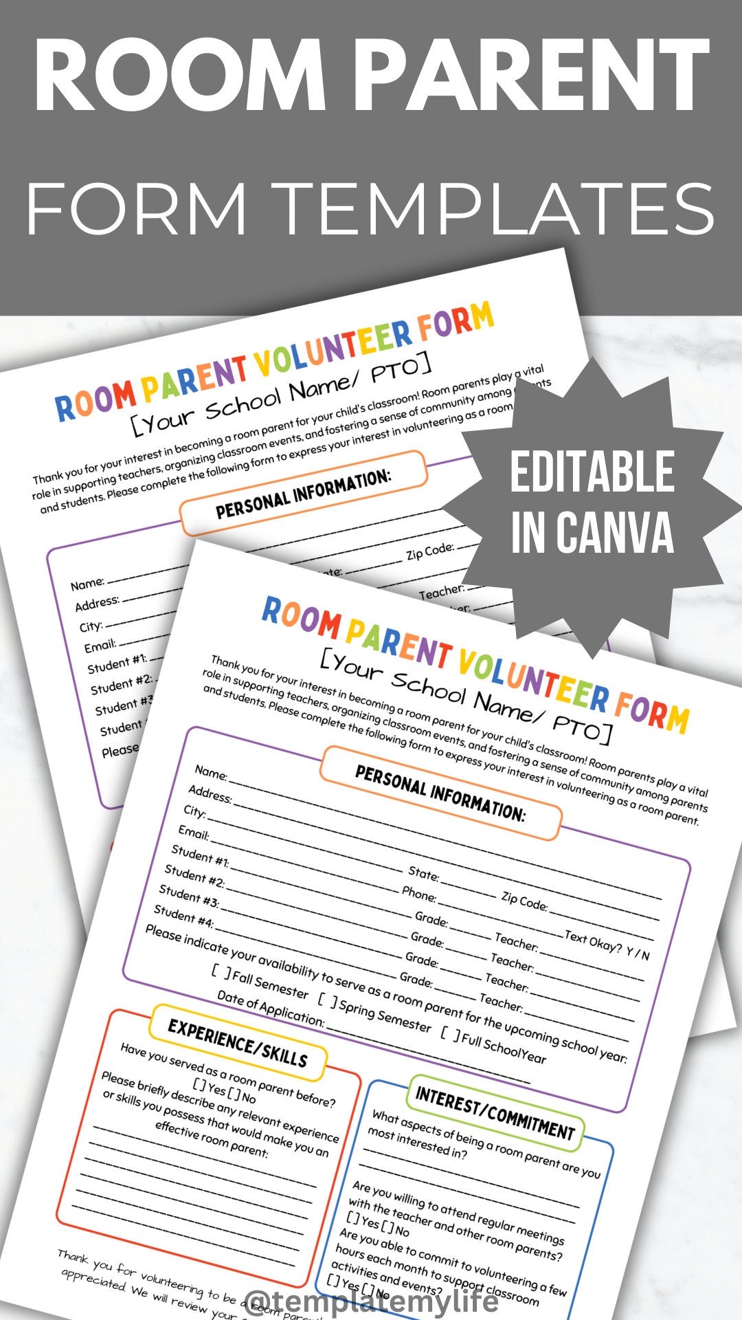 Editable PTO Room Parent Form Template PTA Room Parent volunteer sign up flyer pta room mom classroom parent sign-up form sheet school flyer