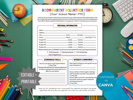 Editable PTO Room Parent Form Template PTA Room Parent volunteer sign up flyer pta room mom classroom parent sign-up form sheet school flyer