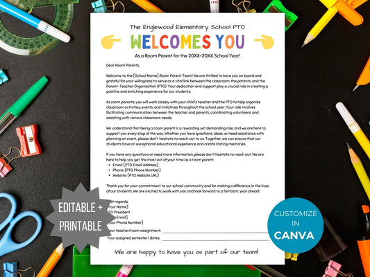 Editable PTA Room Parent Welcome Letter Template PTO Room Parent information flyer pta room mom volunteer letter School class parent handout