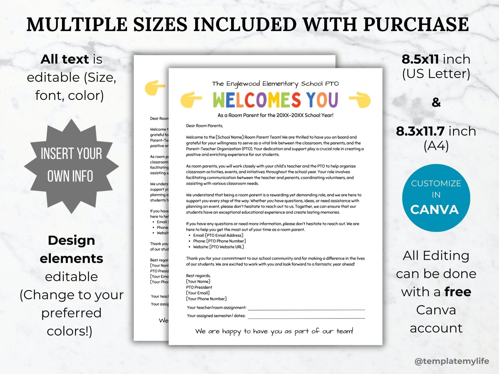 Editable PTA Room Parent Welcome Letter Template PTO Room Parent information flyer pta room mom volunteer letter School class parent handout