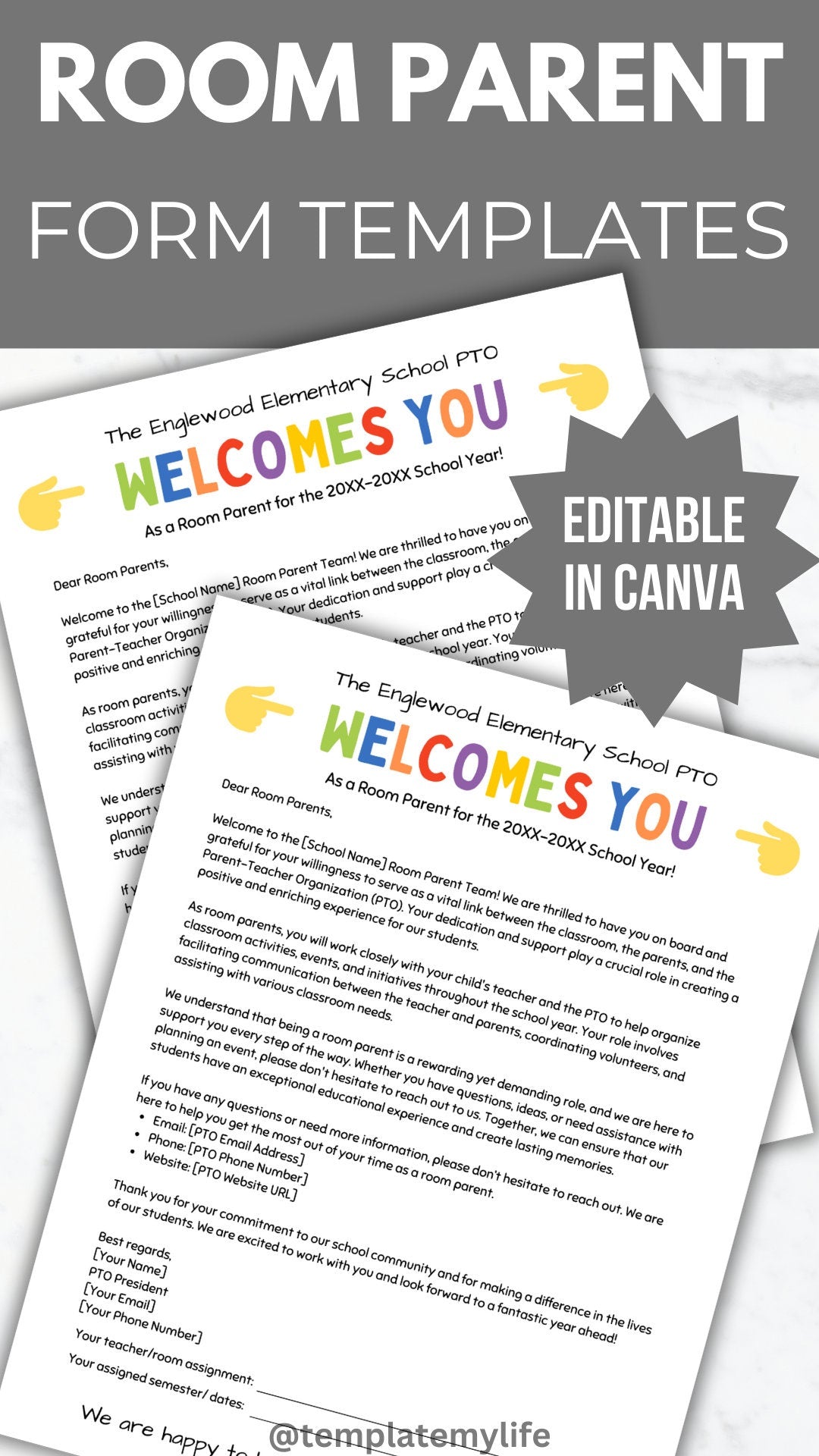 Editable PTA Room Parent Welcome Letter Template PTO Room Parent information flyer pta room mom volunteer letter School class parent handout