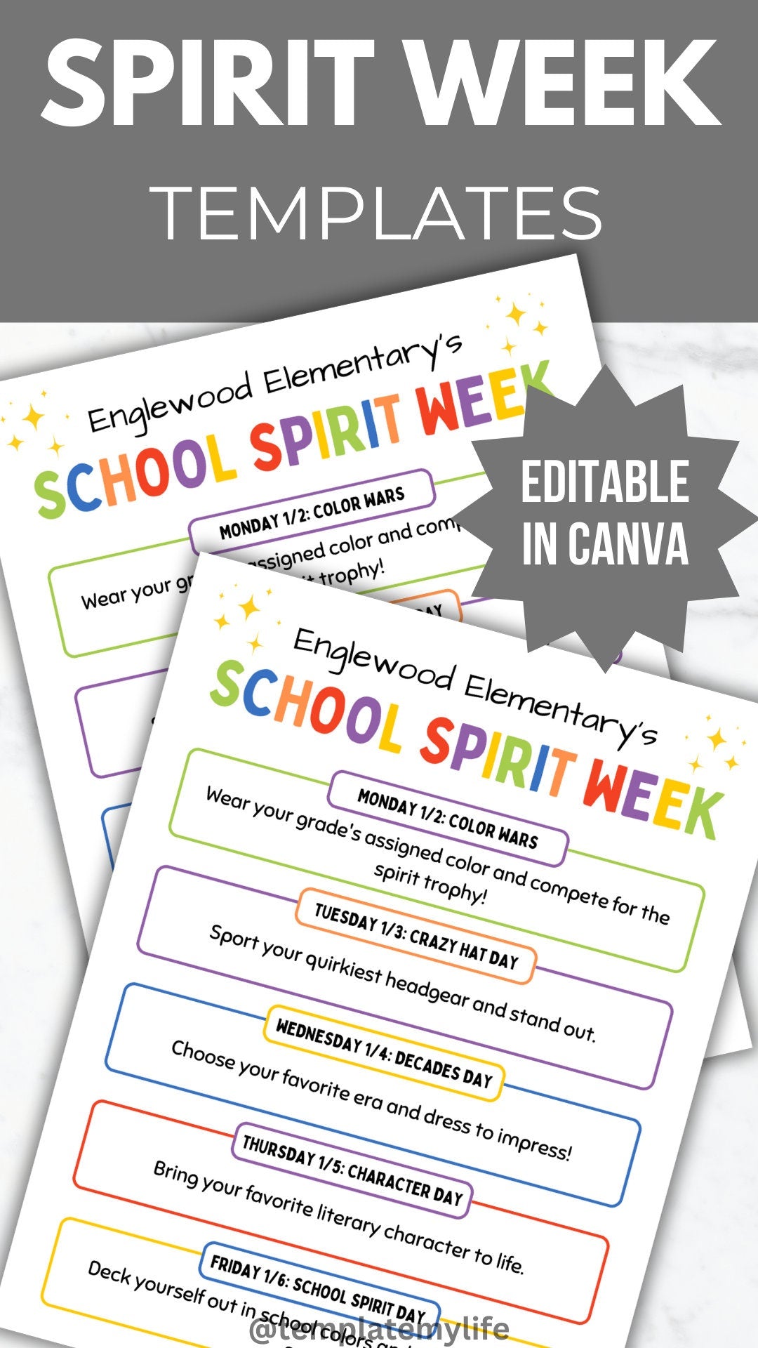 School Spirit Week Flyer PTA Spirit Week Template PTO Spirit week itinerary template handout pta sign elementary school spirit poster pto