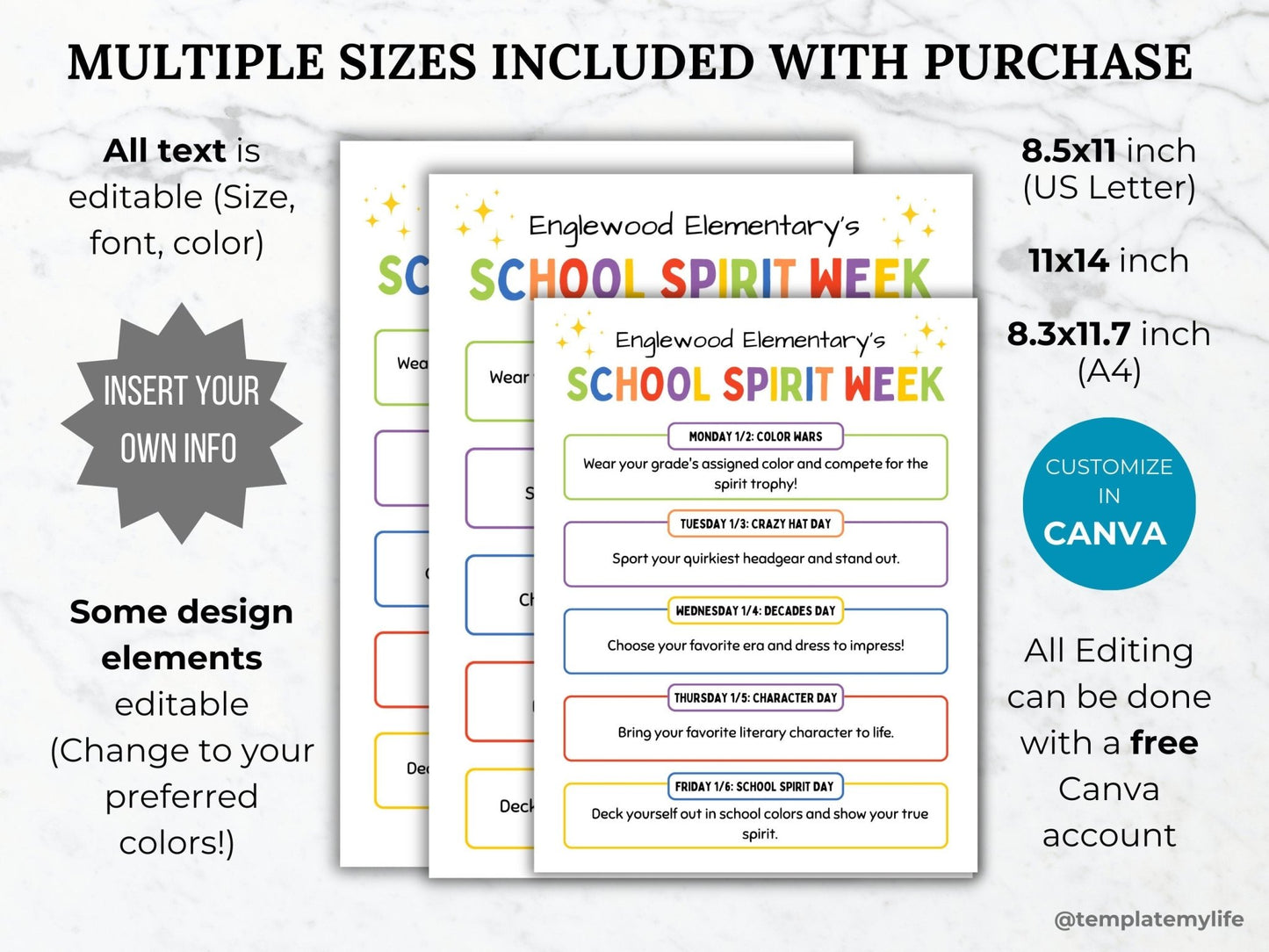 School Spirit Week Flyer PTA Spirit Week Template PTO Spirit week itinerary template handout pta sign elementary school spirit poster pto