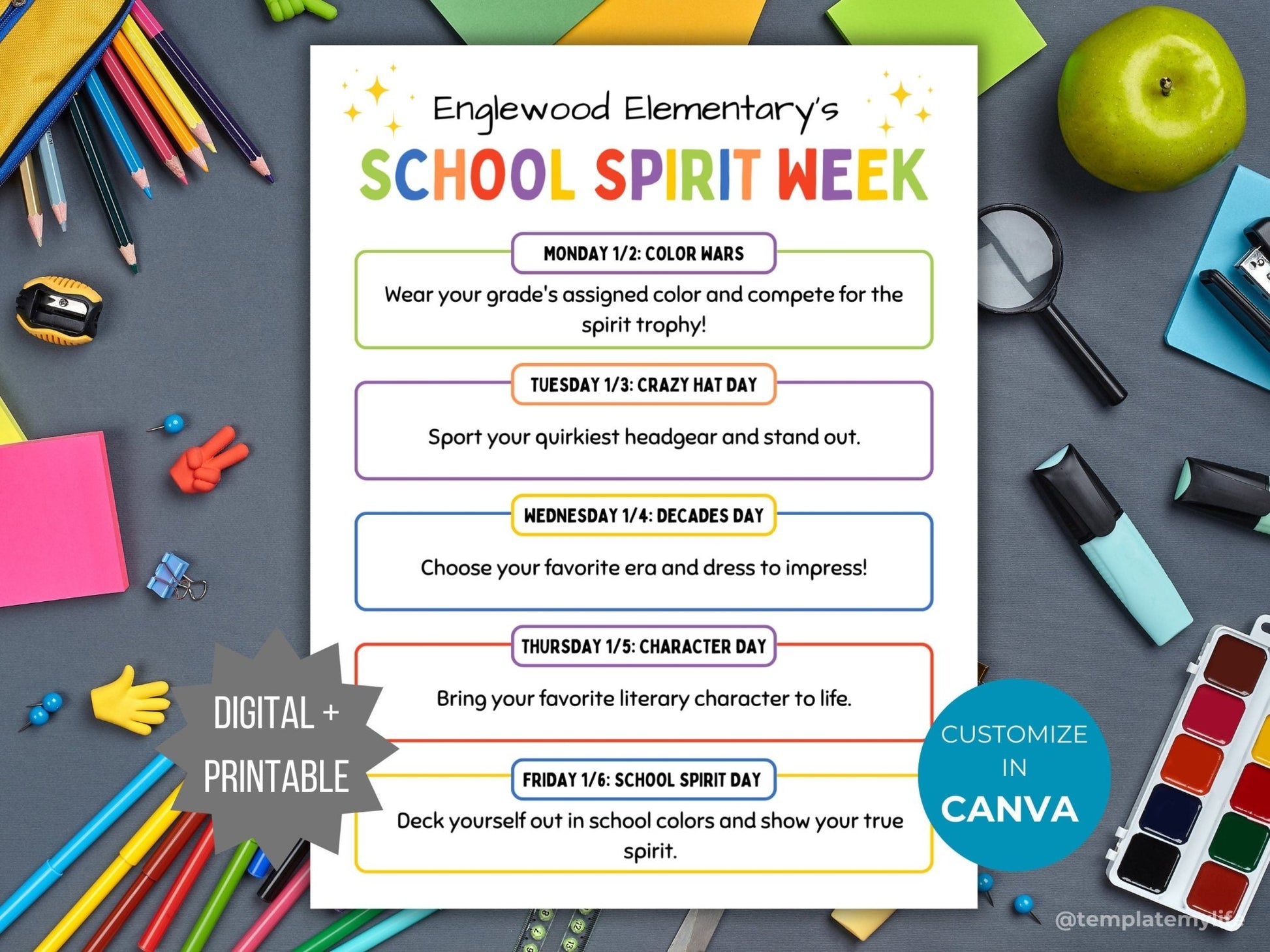 School Spirit Week Flyer PTA Spirit Week Template PTO Spirit week itinerary template handout pta sign elementary school spirit poster pto