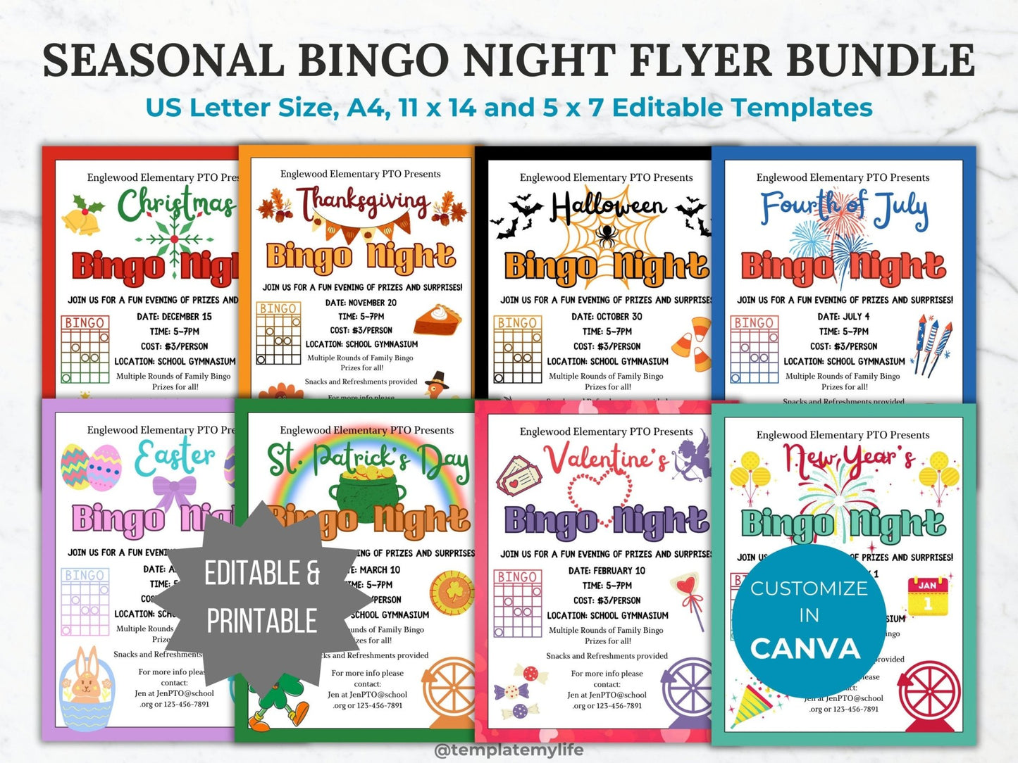 Seasonal Bingo Night PTA flyer template PTO school fundraiser flyer event invitation library Game night flyer community event invite bundle