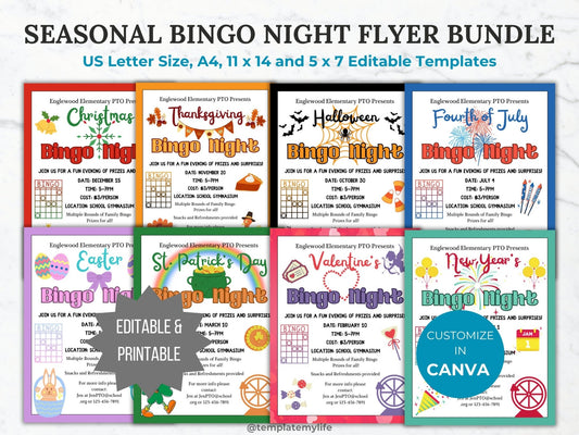 Seasonal Bingo Night PTA flyer template PTO school fundraiser flyer event invitation library Game night flyer community event invite bundle