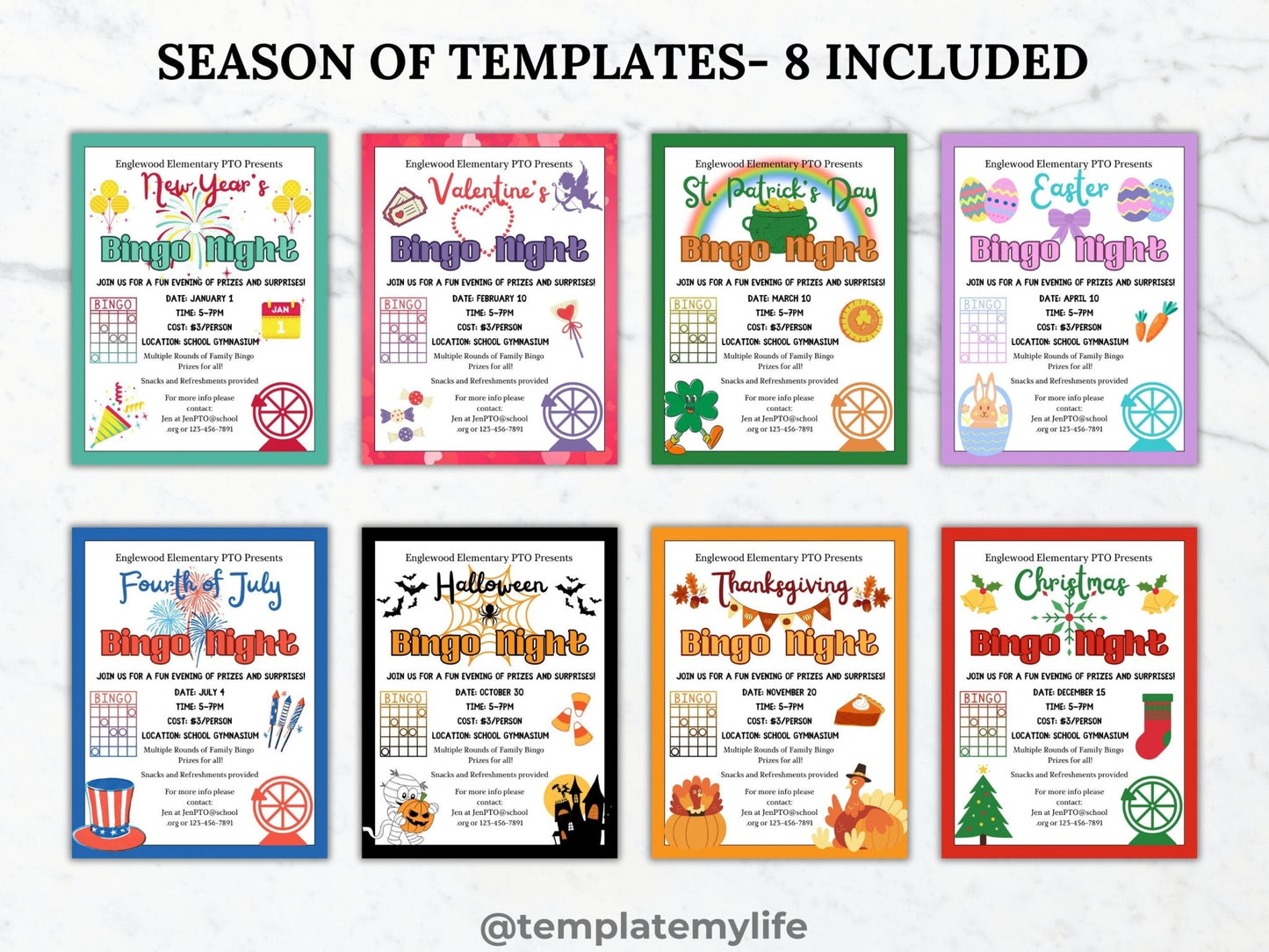 Seasonal Bingo Night PTA flyer template PTO school fundraiser flyer event invitation library Game night flyer community event invite bundle