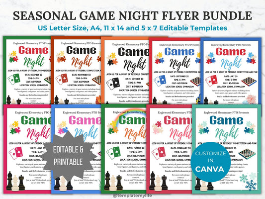 Seasonal Game Night PTA flyer template PTO school fundraiser flyer event invitation library Game night flyer community event invite bundle