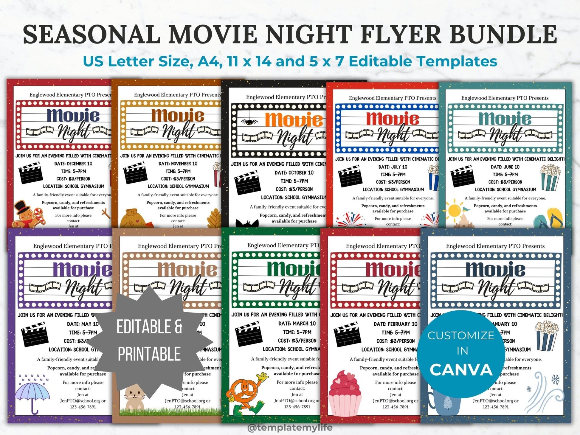 Seasonal Movie Night PTA flyer template PTO school fundraiser flyer event invitation library Movie night flyer community event invite bundle