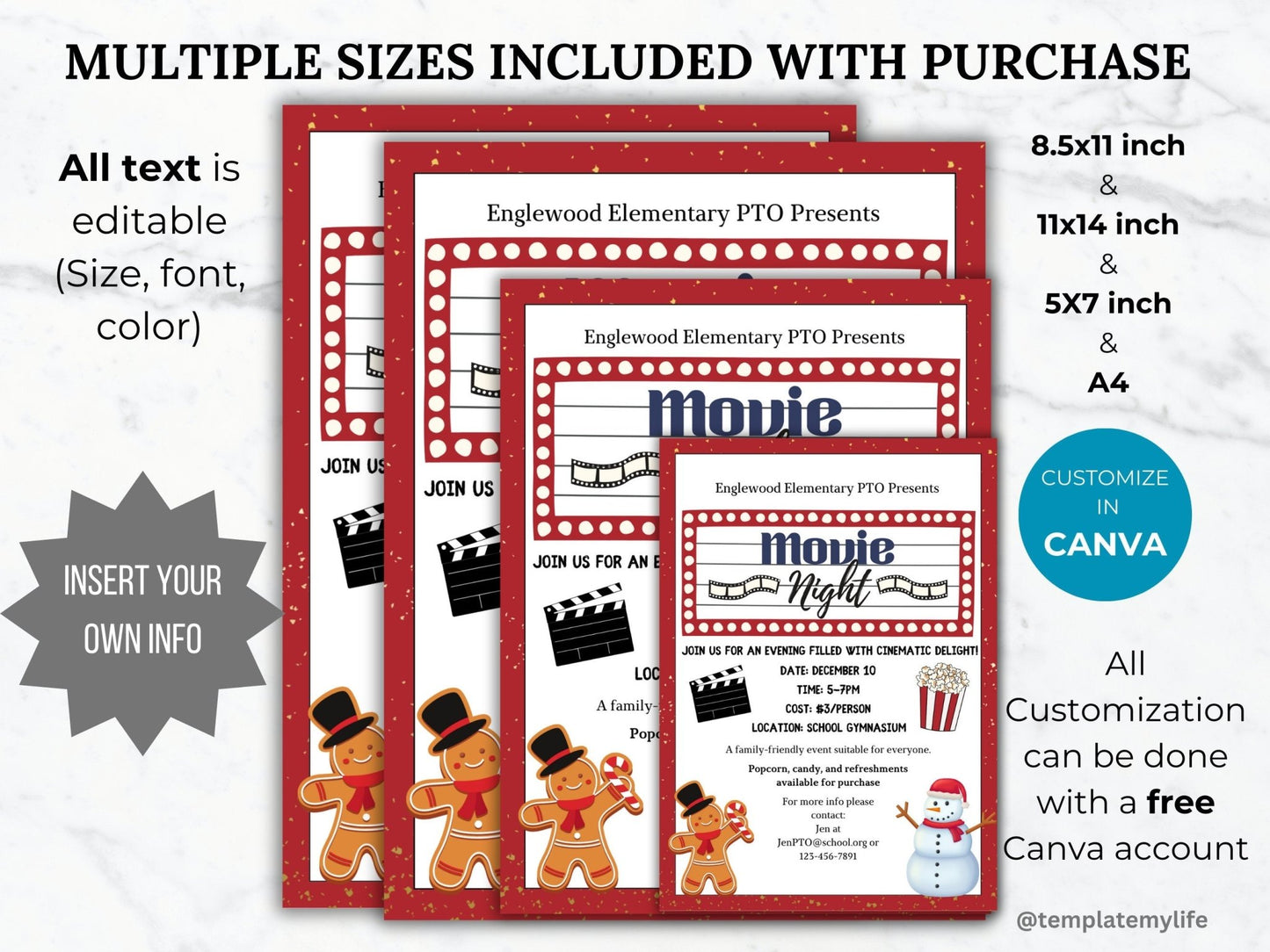 Seasonal Movie Night PTA flyer template PTO school fundraiser flyer event invitation library Movie night flyer community event invite bundle