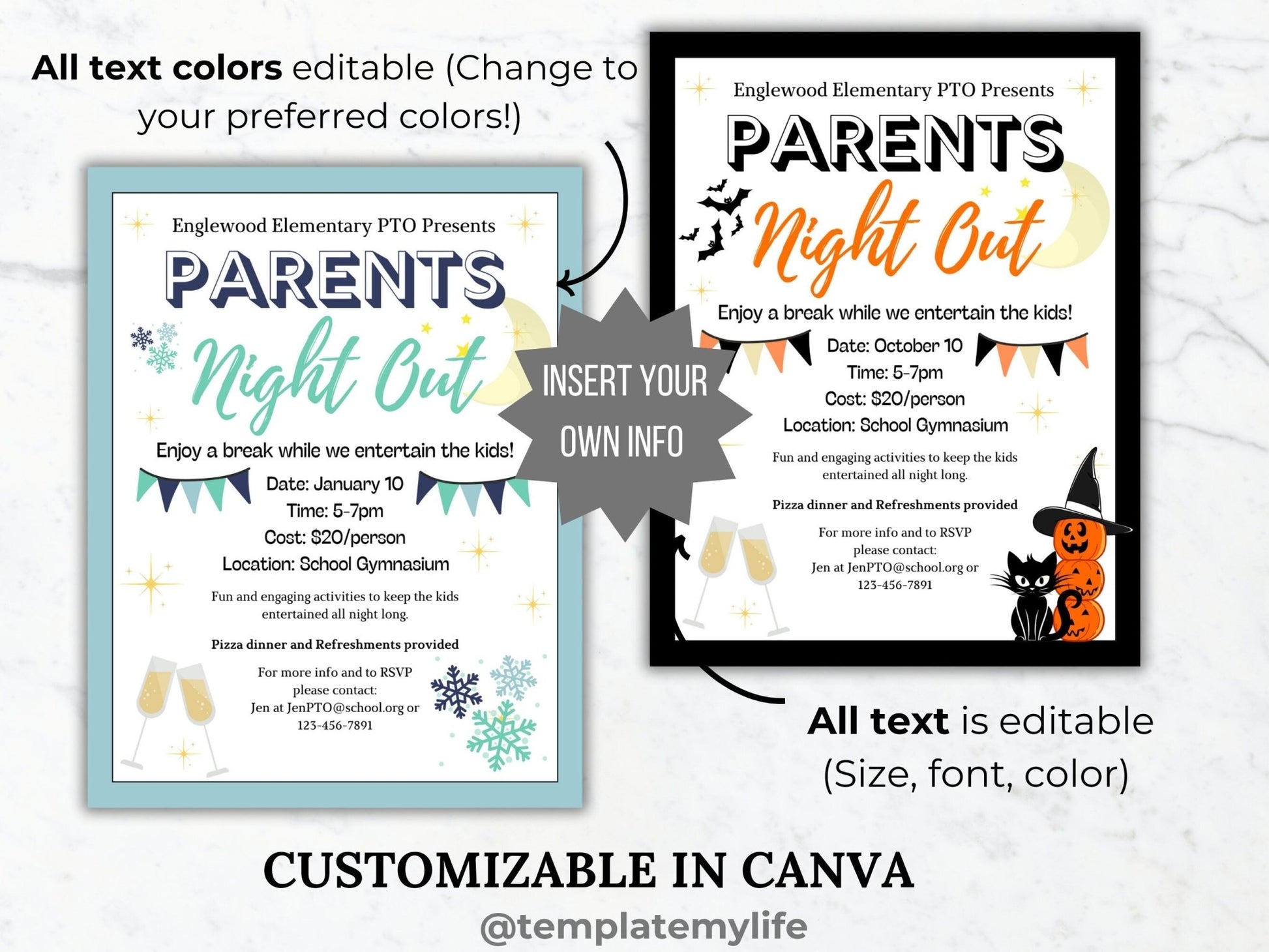 Seasonal Parents Night Out PTA flyer template PTO school fundraiser flyer event invitation date night flyer community event invite bundle