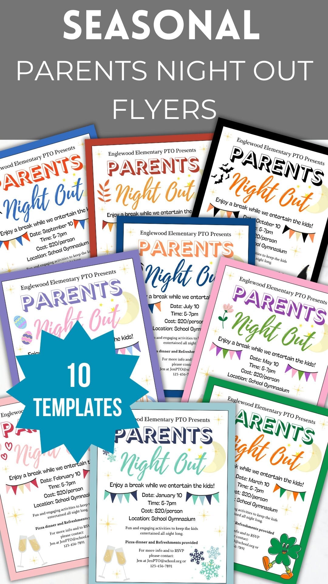 Seasonal Parents Night Out PTA flyer template PTO school fundraiser flyer event invitation date night flyer community event invite bundle