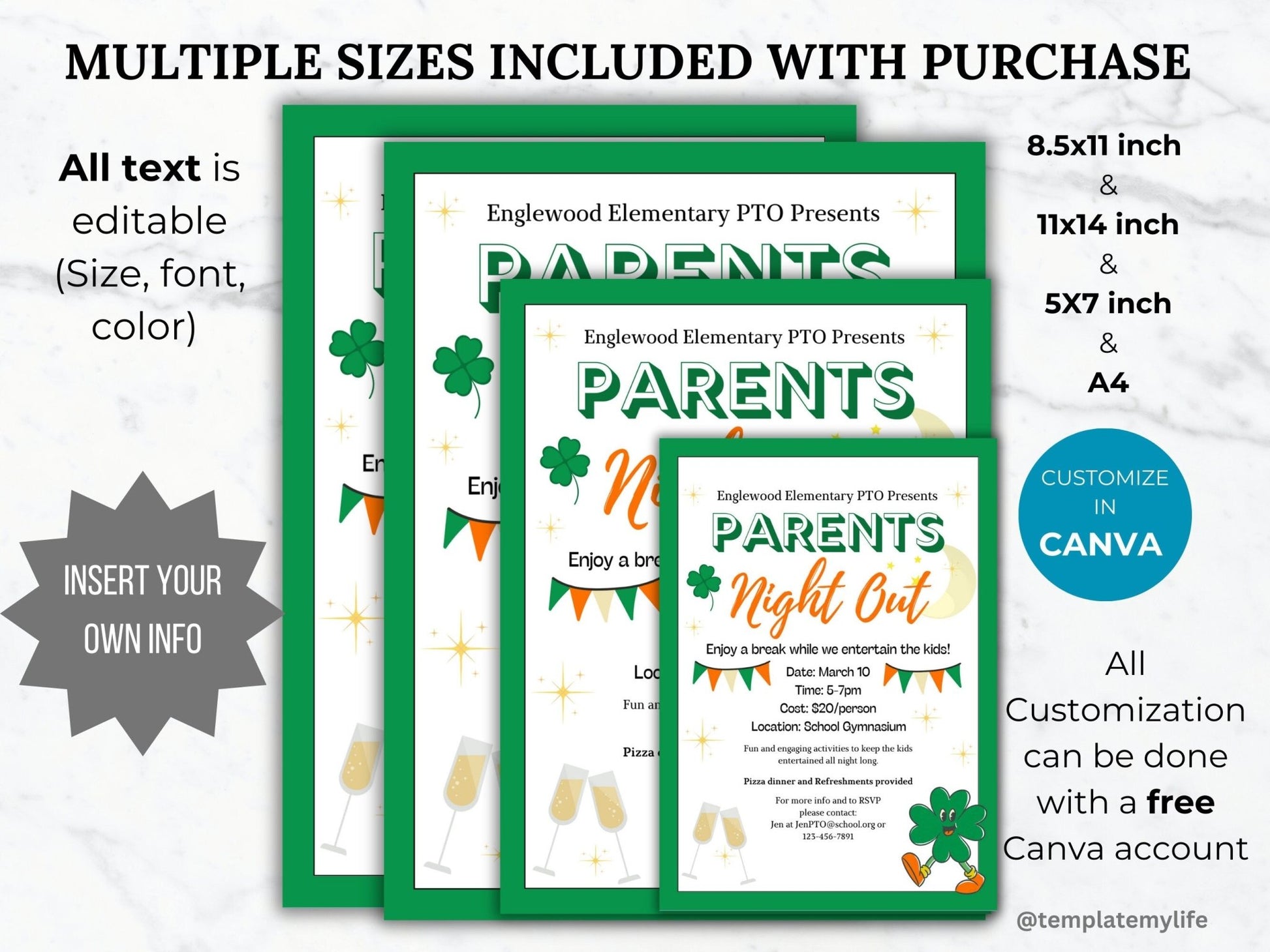 Seasonal Parents Night Out PTA flyer template PTO school fundraiser flyer event invitation date night flyer community event invite bundle