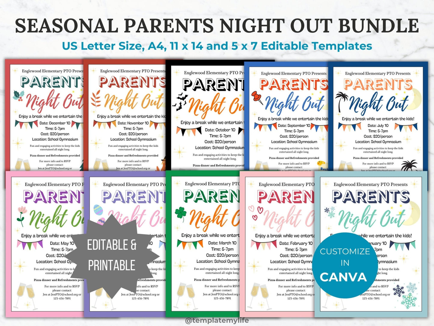 Seasonal Parents Night Out PTA flyer template PTO school fundraiser flyer event invitation date night flyer community event invite bundle