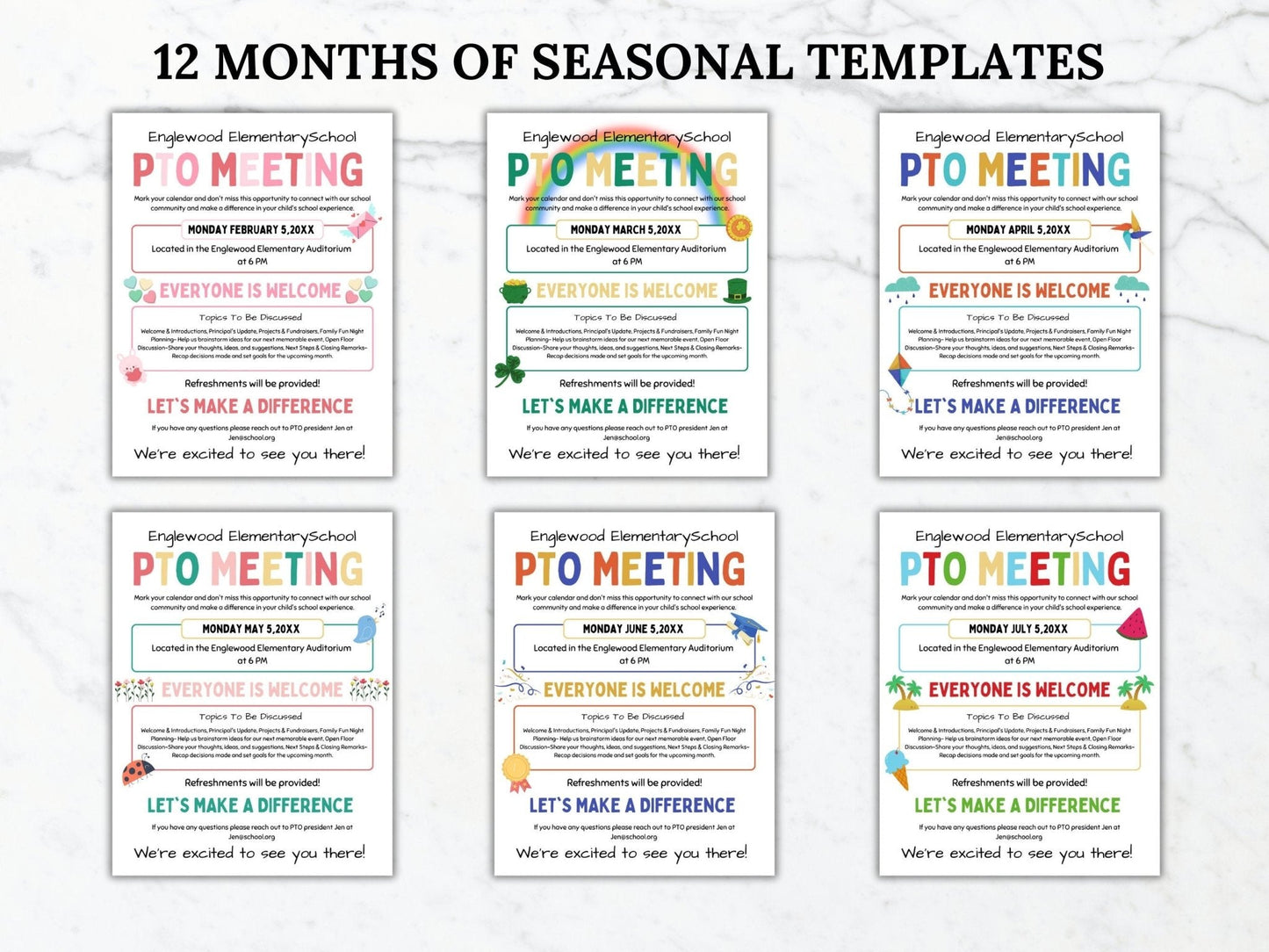 Valentine's Day, St. Patricks Day, Easter, Spring, Graduation and Summer seasonal PTO PTA Meeting flyers shown