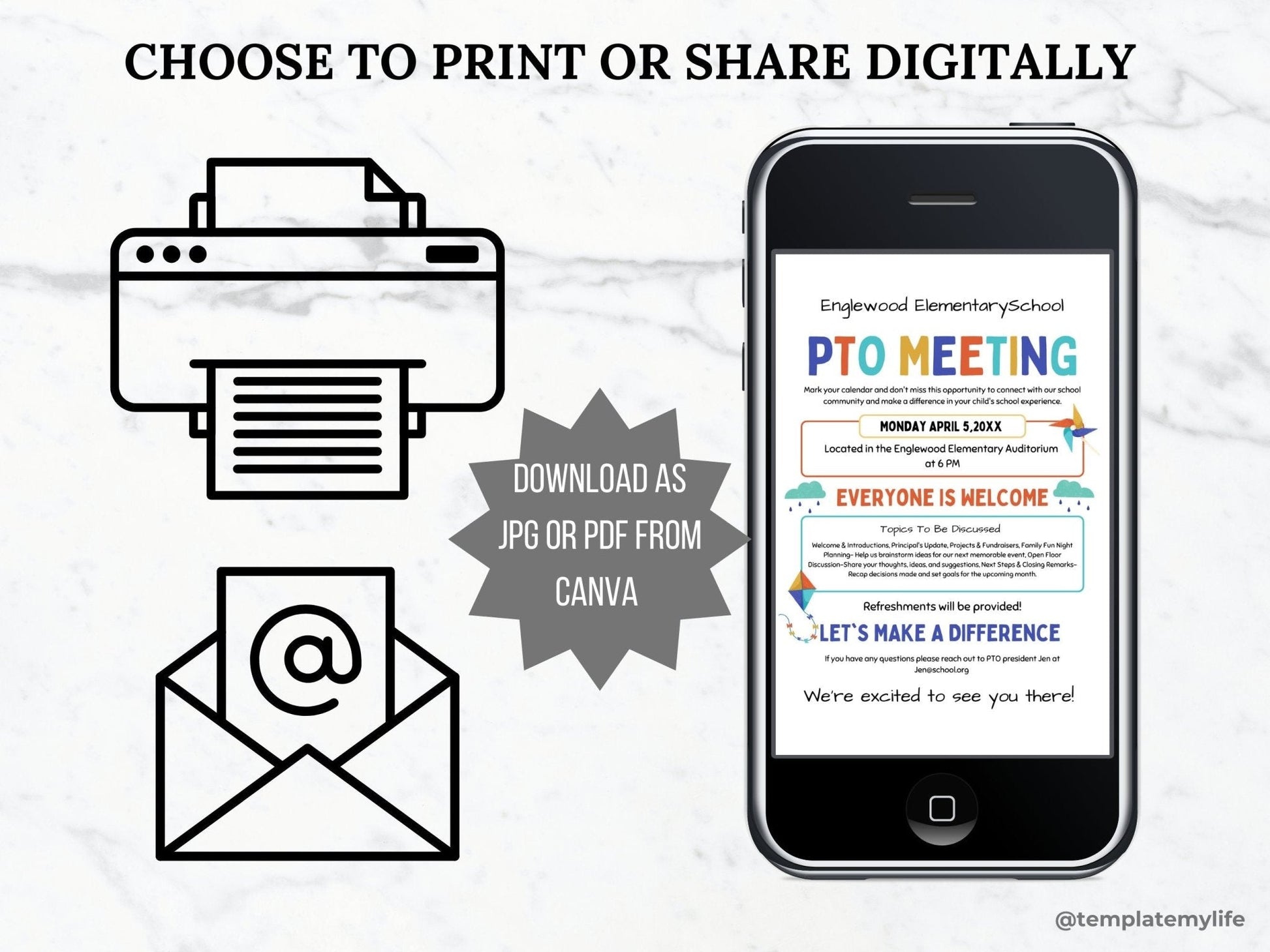 PTO PTA Meeting Flyer shown being able to be used both printed and digitally such as by email or on a phone