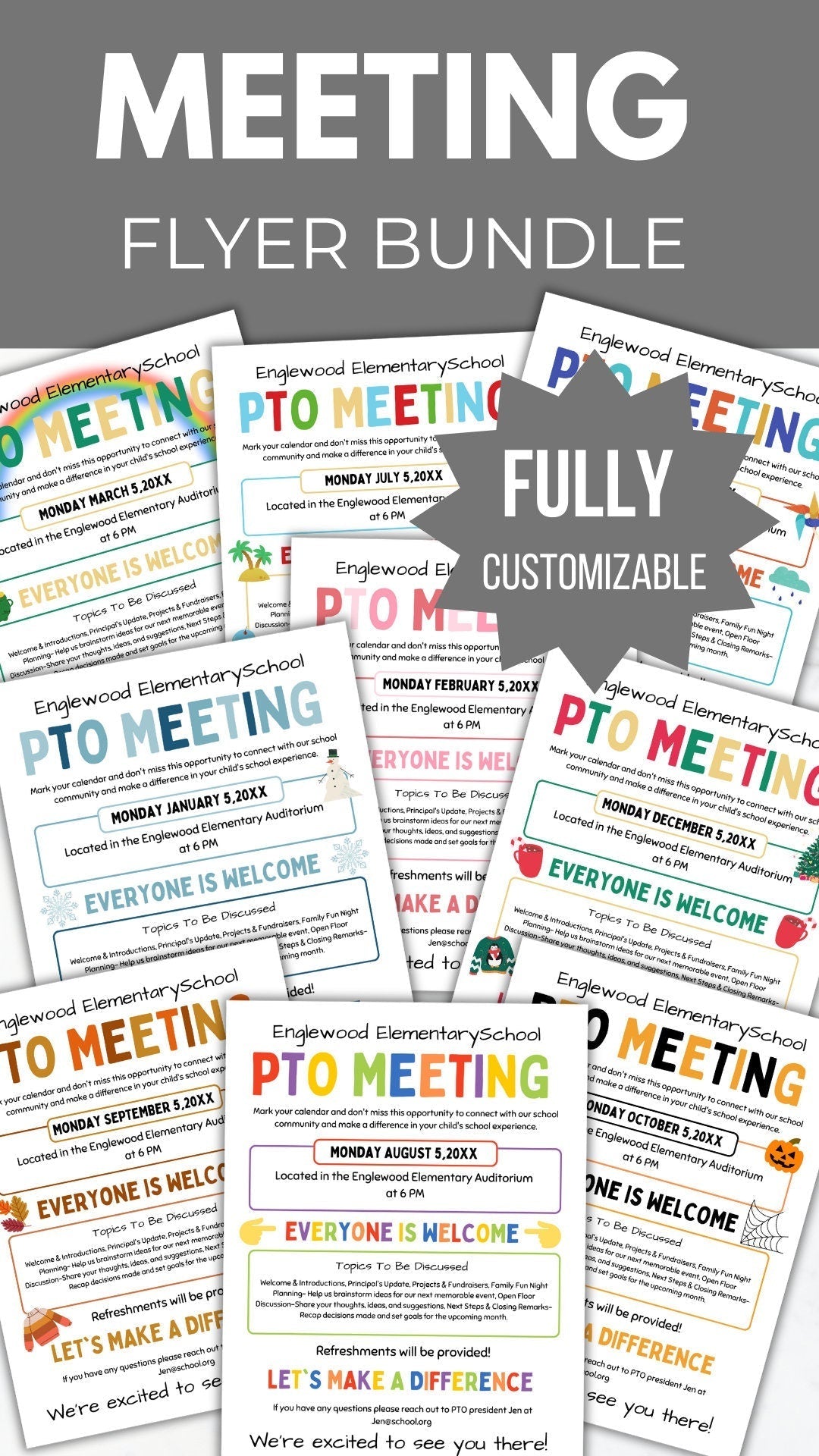 Multiple seasonal PTO PTA Flyers shown stating bundle is fully customizable