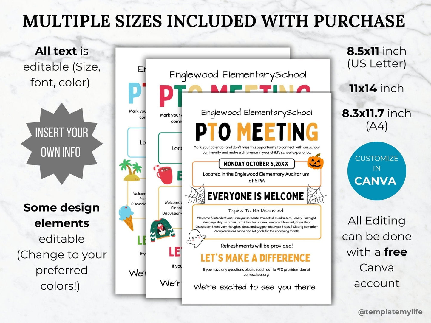 PTO PTA Meeting Flyer shown in size US Letter Size (8.5 x 11 inch), 11 x 14 inch, A4 size and easily customizable with a free Canva account