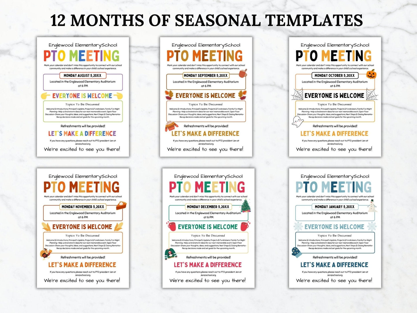 Back to school, Fall, Halloween, Thanksgiving, Christmas and Winter seasonal PTO PTA Meeting Flyers shown