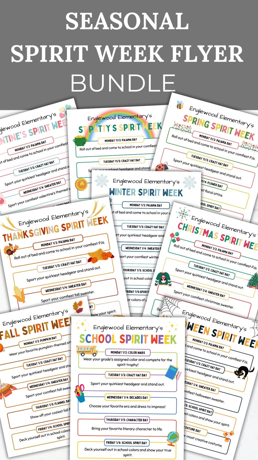 SPIRIT WEEK flyer editable template bundle monthly school spirit schedule printable seasonal school event handout pto template pta flyer