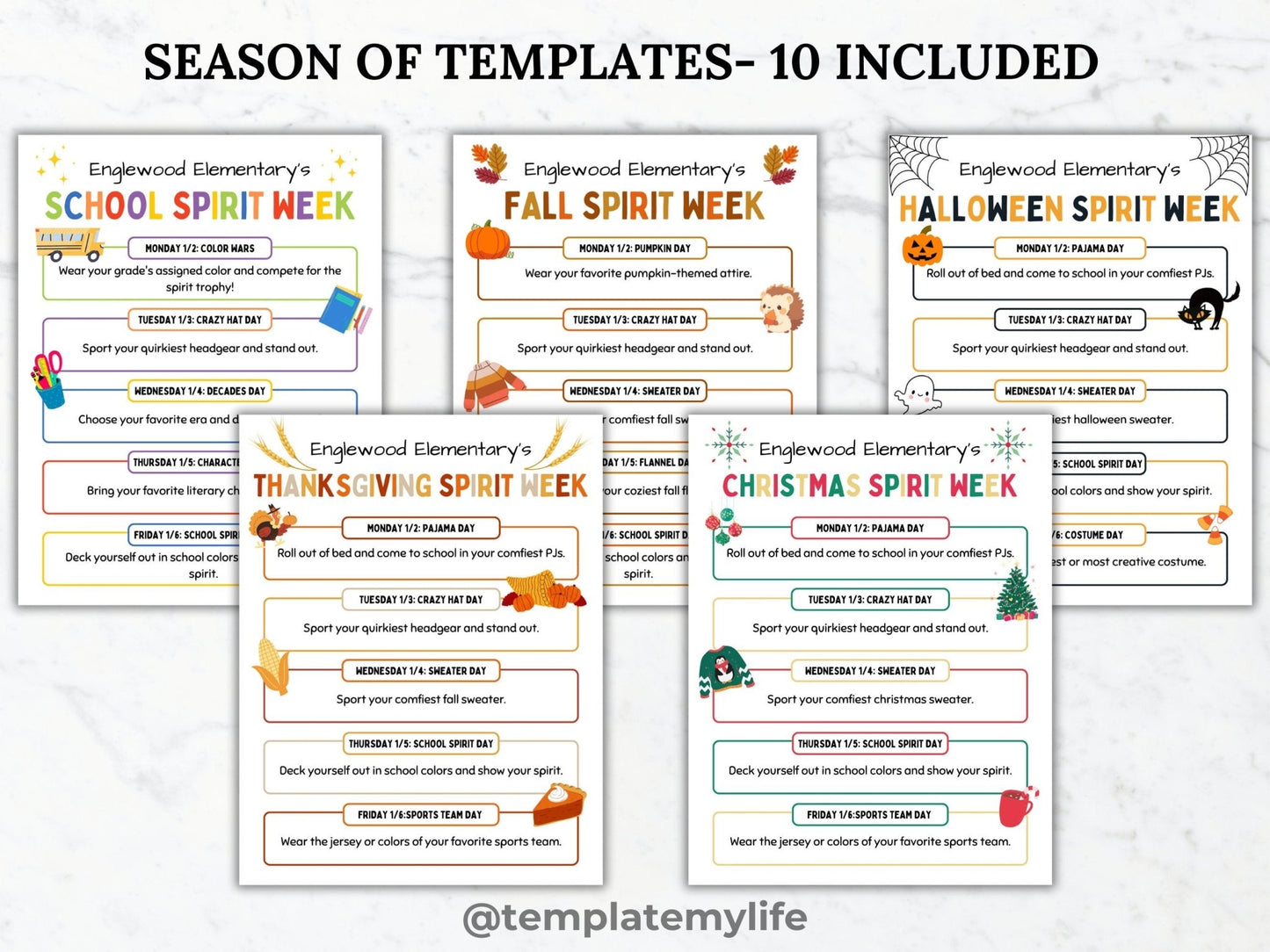 SPIRIT WEEK flyer editable template bundle monthly school spirit schedule printable seasonal school event handout pto template pta flyer