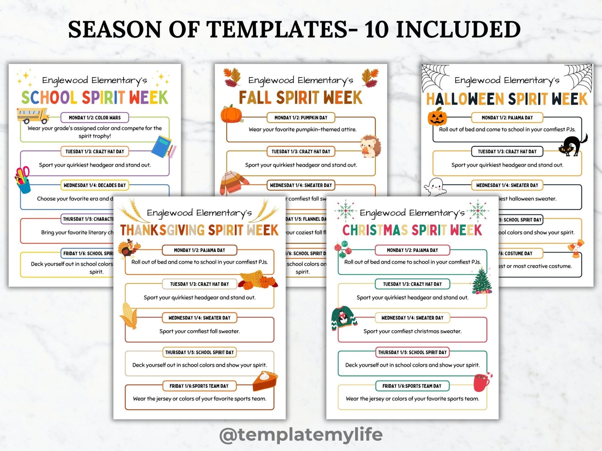 SPIRIT WEEK flyer editable template bundle monthly school spirit schedule printable seasonal school event handout pto template pta flyer