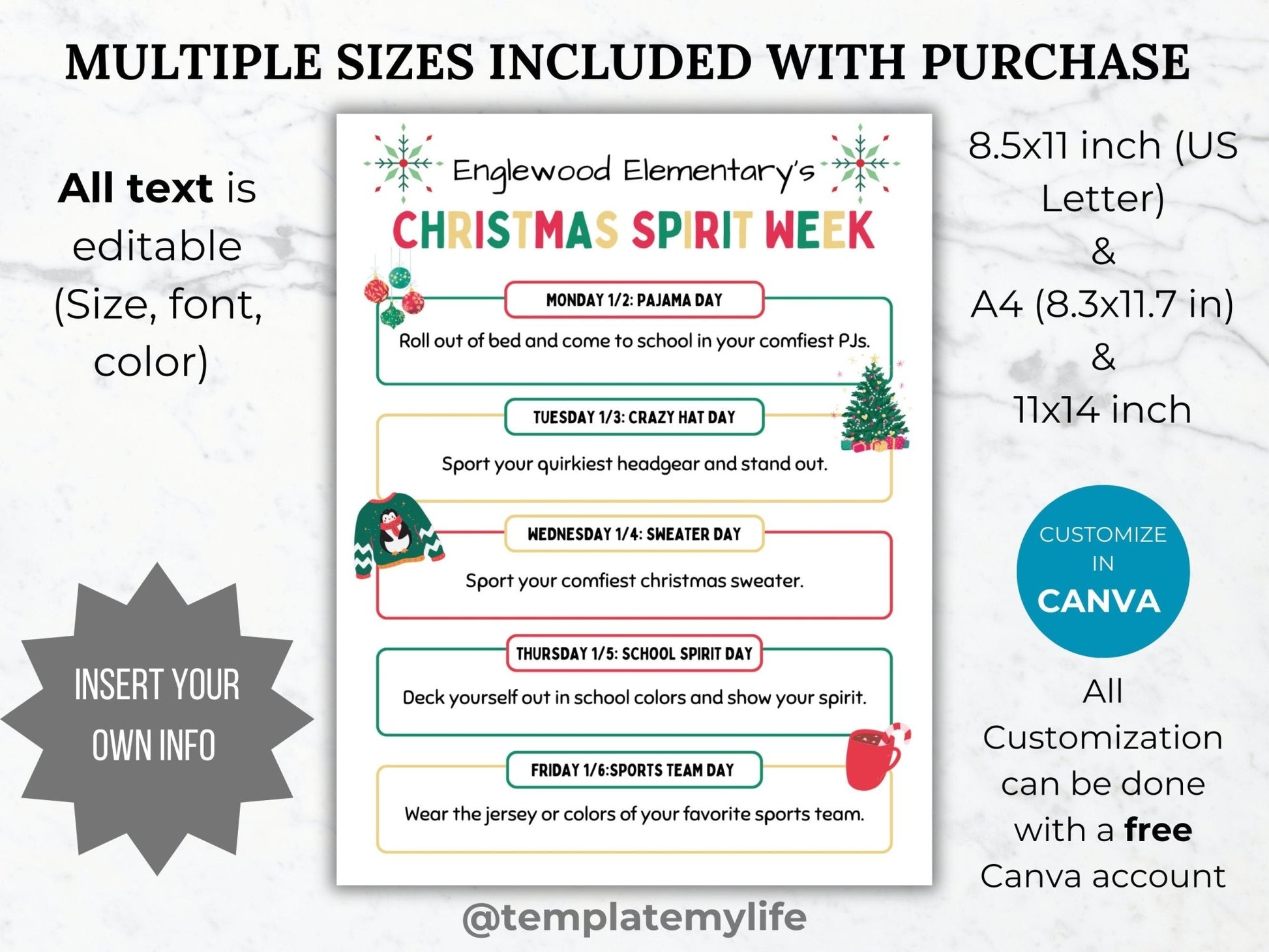 SPIRIT WEEK flyer editable template bundle monthly school spirit schedule printable seasonal school event handout pto template pta flyer